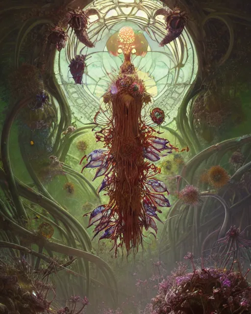 Image similar to the platonic ideal of flowers, rotting, insects and praying of cletus kasady carnage davinci dementor chtulu mandelbulb mandala ponyo botw dinotopia the witcher, fantasy, ego death, decay, dmt, psilocybin, concept art by greg rutkowski and simon stalenhag and alphonse mucha