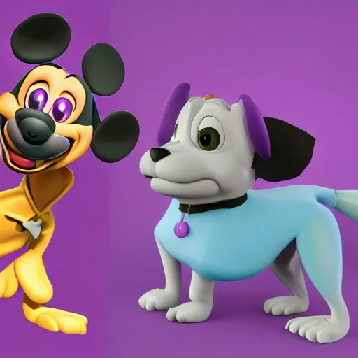 Image similar to an 3d render of a purple dog character, in the style of disney, pixar, mixed media collage, highly detailed, 8k resolution