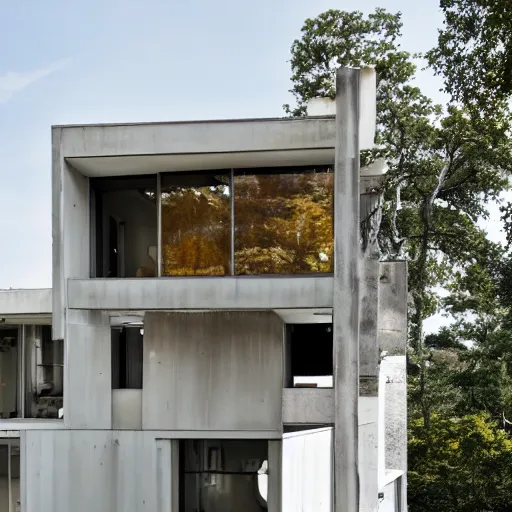 Image similar to second story elevated white brutalist home perched atop 2 equidistant separated large piers, double cantilevered design, large windows, elegant, white stone, proportion, golden ratio, epic composition, steel window mullions, cars parked underneath