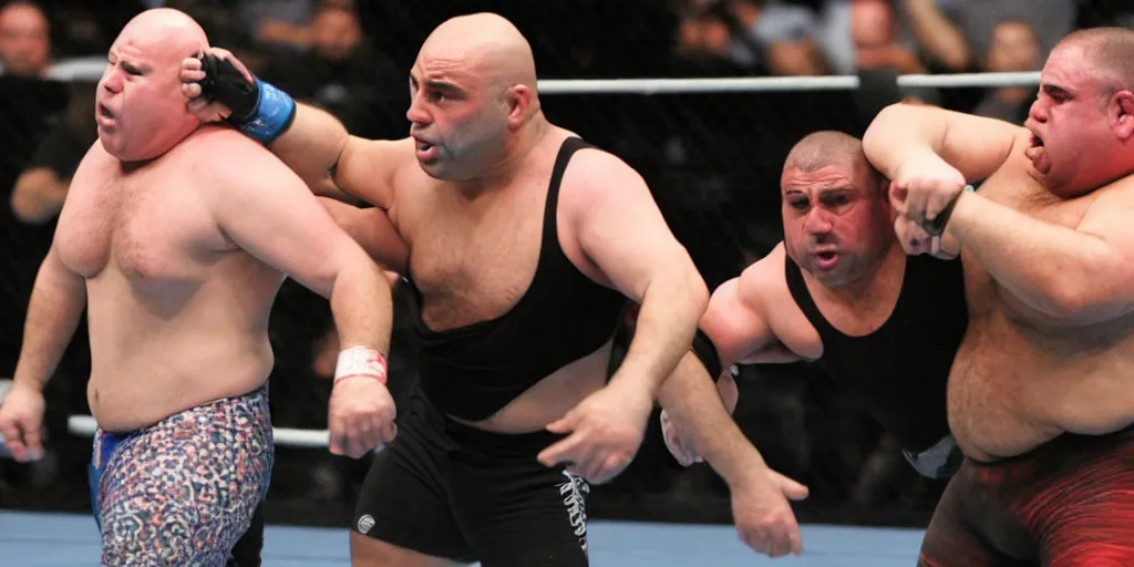 Prompt: joe rogan fighting obese americans at wal - mart wrestling, detailed facial expressions, hyper detailed