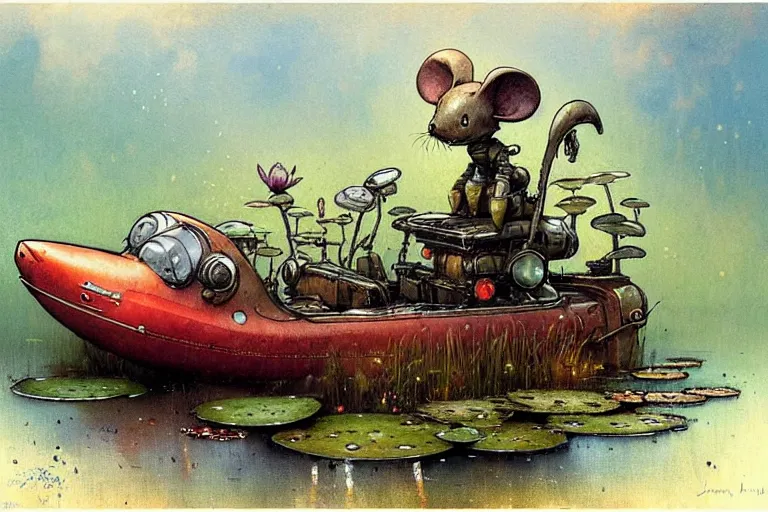 Prompt: adventurer ( ( ( ( ( 1 9 5 0 s retro future robot mouse amphibious vehical home. muted colors. swamp mushrooms. water lilies ) ) ) ) ) by jean baptiste monge!!!!!!!!!!!!!!!!!!!!!!!!! chrome red