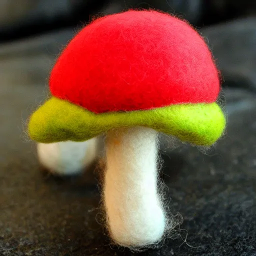 Prompt: a needle felted super mushroom power up, needle felting art.