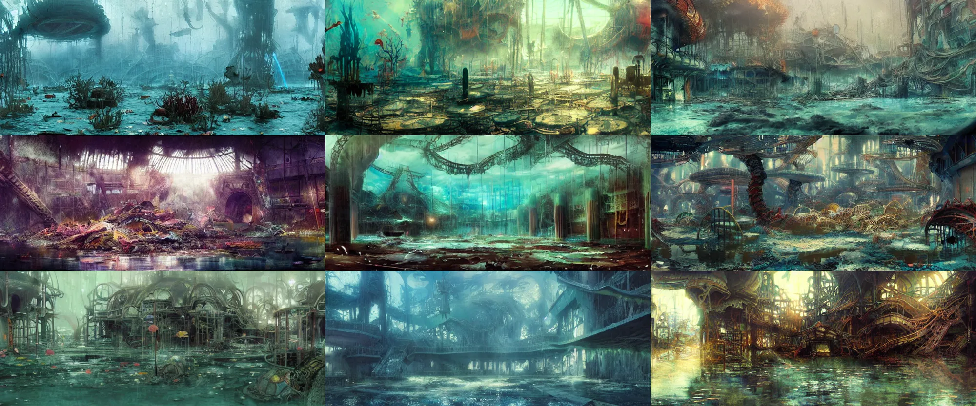 Prompt: Colorful, creepy landscape painting of detailed interior of giant underwater marine theme park LeMU, Erste Boden, completely flooded, destroyed, submerged, ruined, wrecked, anime key visual by Craig Mullins