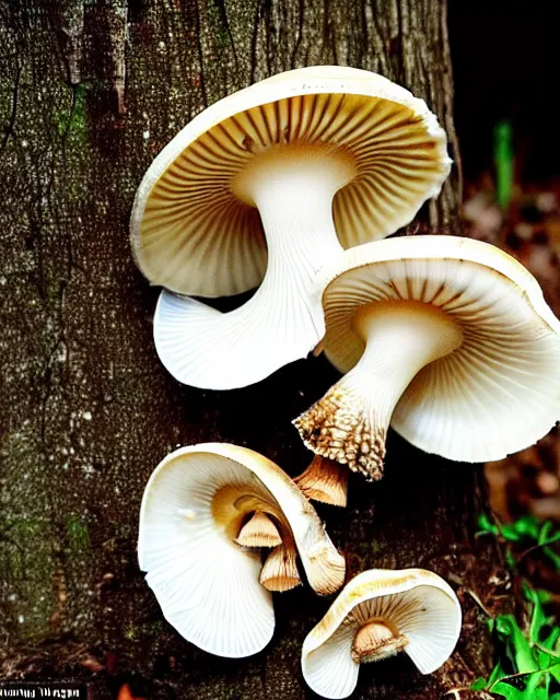 Image similar to a small family of conical oyster mushrooms is located on a rotten stump, which suspiciously reach for an unusual symbol on the wall depicting a dissected cross