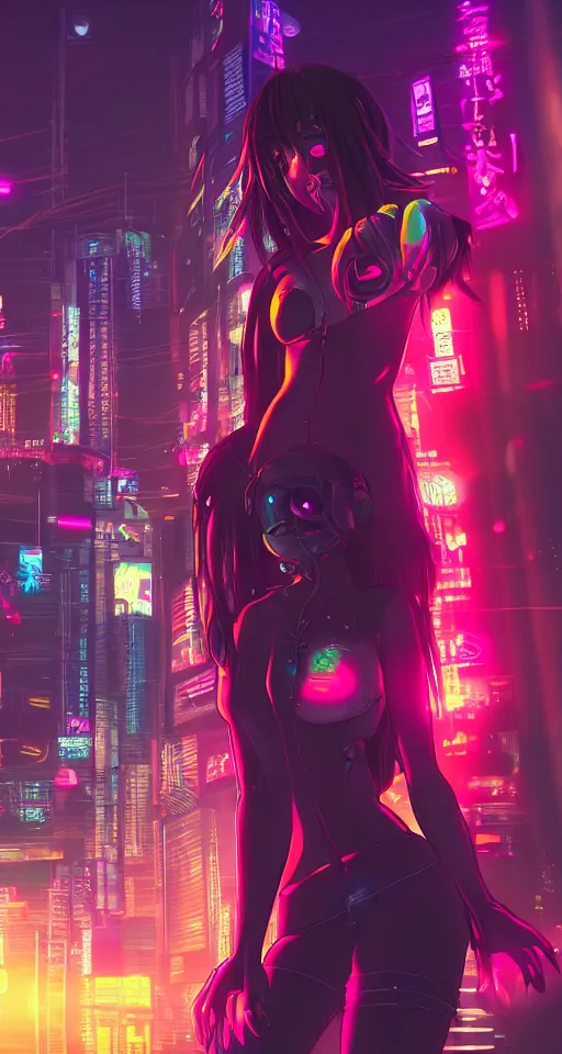 Image similar to anime, cyberpunk women, city, neon lights, glow, retrowave style, sunset,