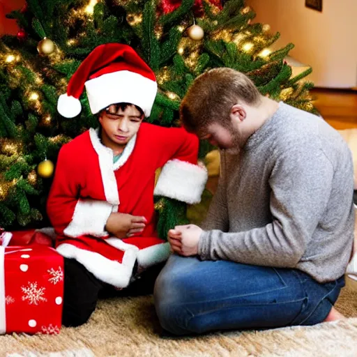 Image similar to a kid at christmas disappointed and sad that his present was a giant moai statue, his hands buried in his face, sitting down. | inside of a house next to a christmas tree, large present in the back