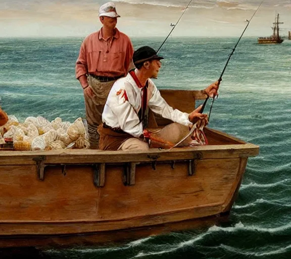 Image similar to Tom hanks as forrest gump fishing for shrimp in a giant shrimp boat, realistic face, renaissance painting, amazing detail