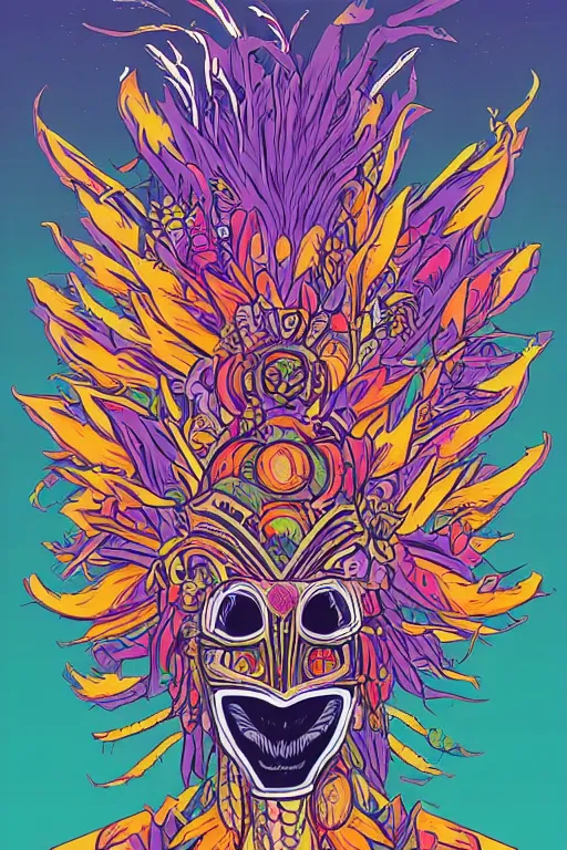 Image similar to animal mask totem roots flower tribal feather gemstone plant wood rock shaman vodoo video game vector cutout illustration vivid multicolor borderlands comics by josan gonzales and dan mumford radiating a glowing aura