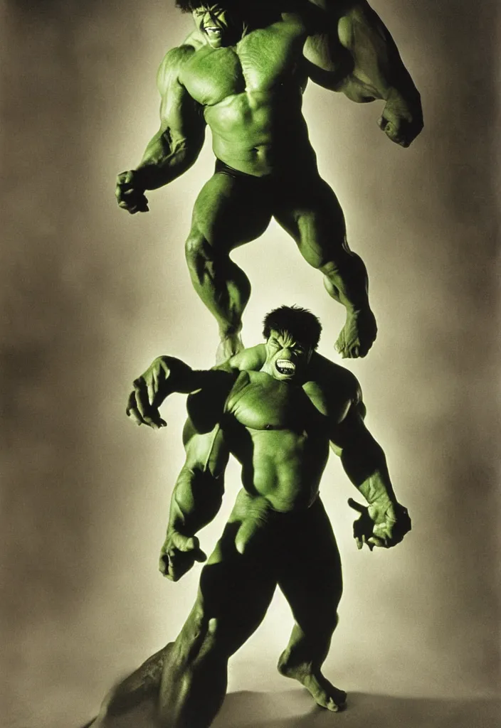 Prompt: a color photo portrait of the incredible hulk looking angry in new york city by richard avedon dramatic lighting.