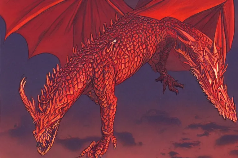 Image similar to red scaled dragon facing camera by larry elmore and vincent di fate