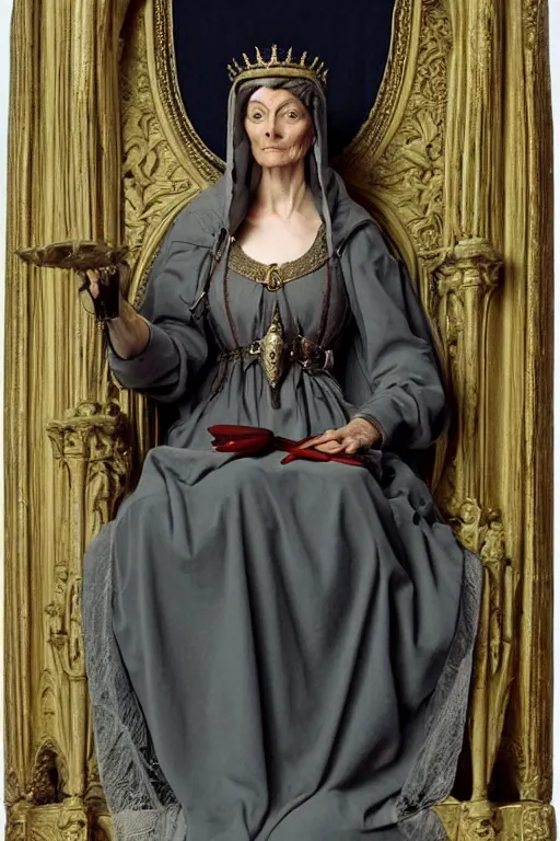 Prompt: jean marsh as medieval queen, sit on throne, bouguereau