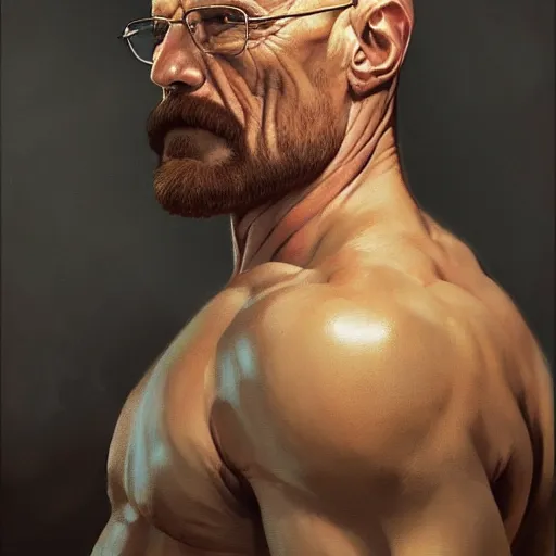 Image similar to the ultimate gigachad, incredibly muscular walter white, walter white with chiseled jawline, trending on / r / moreplatesmoredates, oil on canvas artstation by j. c. leyendecker and edmund blair leighton and charlie bowater octane render