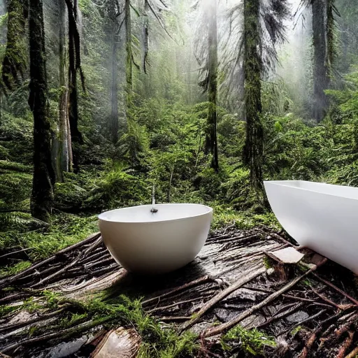 Image similar to pristine porcelain bath filled with bubbles in a clearcut rainforest, slash and burn, cleared forest, deforestation, bubble bath, overflowing with bubbles, tree stumps, smouldering charred timber