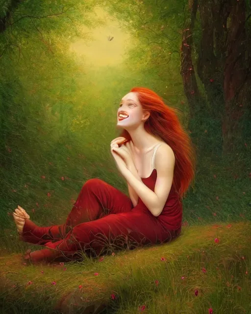 Image similar to a young woman, smiling, amazed by the lights of golden fireflies, sitting in the midst of nature fully covered, long loose red hair, intricate linework, dreamy green eyes, small nose with freckles, oval shape face, realistic, expressive emotions, dramatic lights, spiritual scene, hyper realistic ultrafine digital art by james jean and albert bierstadt