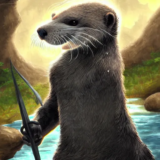 Image similar to furry otter warrior, fantasy art, lightweight armour, near the river, waterfall, digital art, high quality