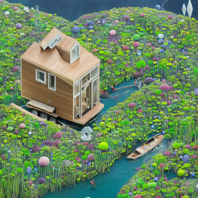 Image similar to tiny house by kengo kuma on island, sea cloud, surreal art by gediminas pranckevicius, geof darrow, jason naylor, dark shadows, hard lighting, floralpunk flower and green plants garden, inking, etching, screen print, masterpiece, trending on artstation, sharp, colorful high contrast hd, 8 k hyper detailed