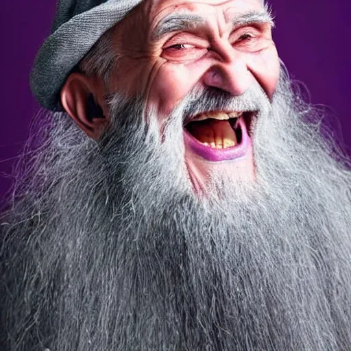 Image similar to an old druid wizard, bald, bushy grey eyebrows, long grey hair, disheveled, wise old man, wearing a grey wizard hat, wearing a purple detailed coat, a bushy grey beard, sorcerer, he is a mad old man, laughing and yelling