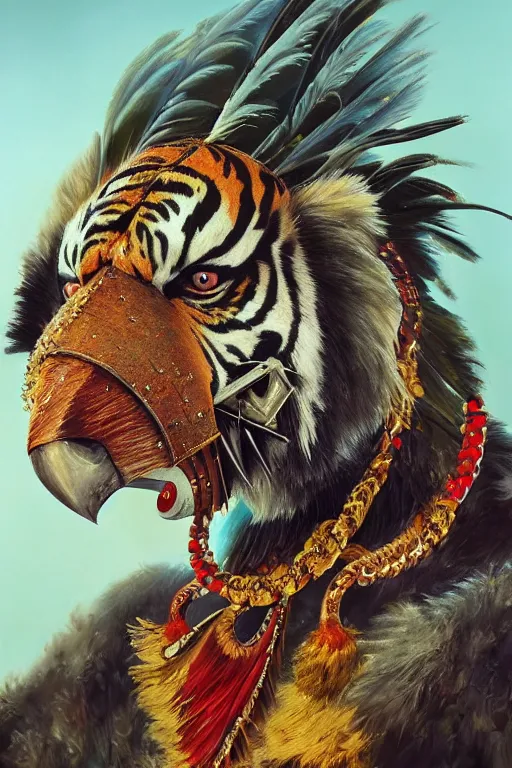 Prompt: masterful fantastic realist painting an exotic ancient feathered and bejeweled bird wearing an exquisite and fiercely painted bugaku mask of a tiger, gold chains strung like tinsel, digital painting trending on artstation, viciously blinded, volumetric lighting and mist, cosplay, portrait painting, hyperrealistic, octane render