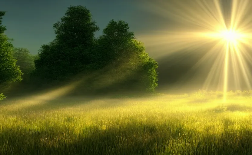 Image similar to a beautiful picture of good weather clouds over a meadow, subtle god rays breaking through, lush forest in the background, intricate detail, sunrise, serene, hazy, volumetric lighting, volumetric clouds, 8 k, hyperrealistic, digital art trending on artstation