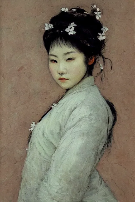 Image similar to close - up fashion asian woman portrait airy flowers clouds art by vasnetsov