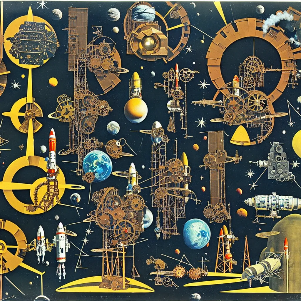 Prompt: 1950 magazine cut out collage of steam punk machinery for space exploration painted by max ernst, alfons maria much, 35 mm graflex,