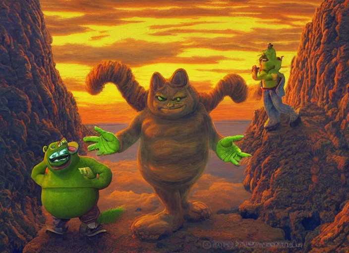 Prompt: surrealist impressionist painting of sonic the hedgehog and shrek and garfield at dusk, in the style of michael whelan and james gurney and wayne barlowe