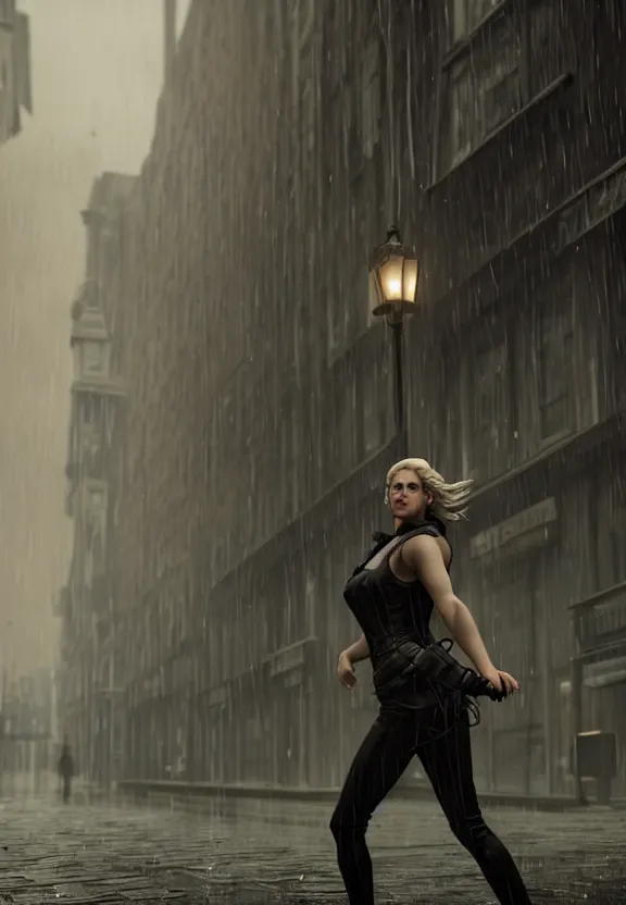 Image similar to beautiful model annie leonhart running on high heels in dunwall city, beautiful face, detailed face, cinematic lighting, rainy weather, melancholy atmosphere, volumetric light, octane render, dishonored 1, gothic architecture, realistic reflections, octane render 8 k, model agency