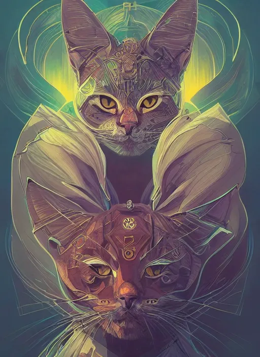 Prompt: geometric cat portrait, identical eyes, medium shot, fantasy, illustration, detailed line work, symmetrical, acid vintage color palette, artstation, hyper detailed, cinematic lighting, incredibly detailed and intricate, ornate, by peter mohrbacher