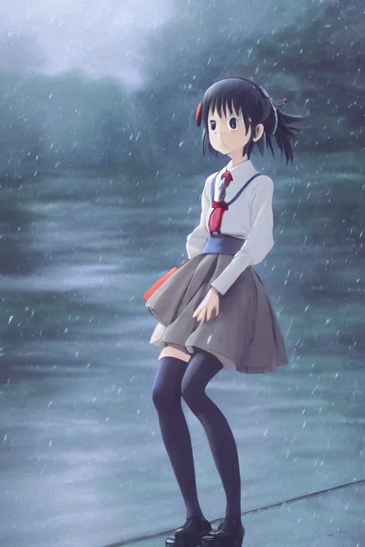 Image similar to art by hayao miyazaki, by hiro kiyohara 3d octane render portrait a stern schoolgirl in Japanese maid's clothes and long stockings sits on a wet Japanese street in the rain at night, trending on artstation, anime colors, polaroid, vintage, foggy, volumetric light, cinematic render, UE 4, RTX, oil painting