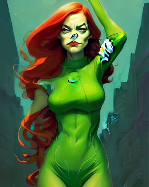 Prompt: peter mohrbacher, phil noto comicbook cover art, artgerm, emma stone poison ivy, vines, symmetrical eyes, full body, green outfit, city rooftop