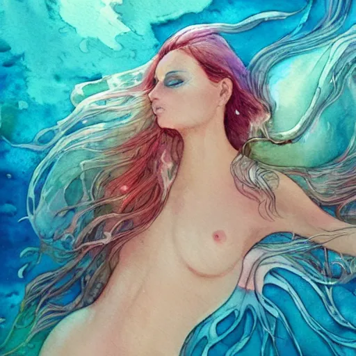 Prompt: watercolor beautiful mermaid swimming underwater, watercolor, hyperdetailed, 4 k, artstation,