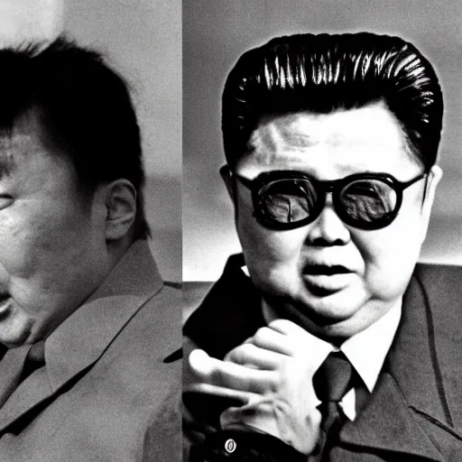 Image similar to Kaiju Starro vs Kim Jong-il, fog, Ishirō Honda, vintage movie shot, Orson Welles, fog, night, missile explosions