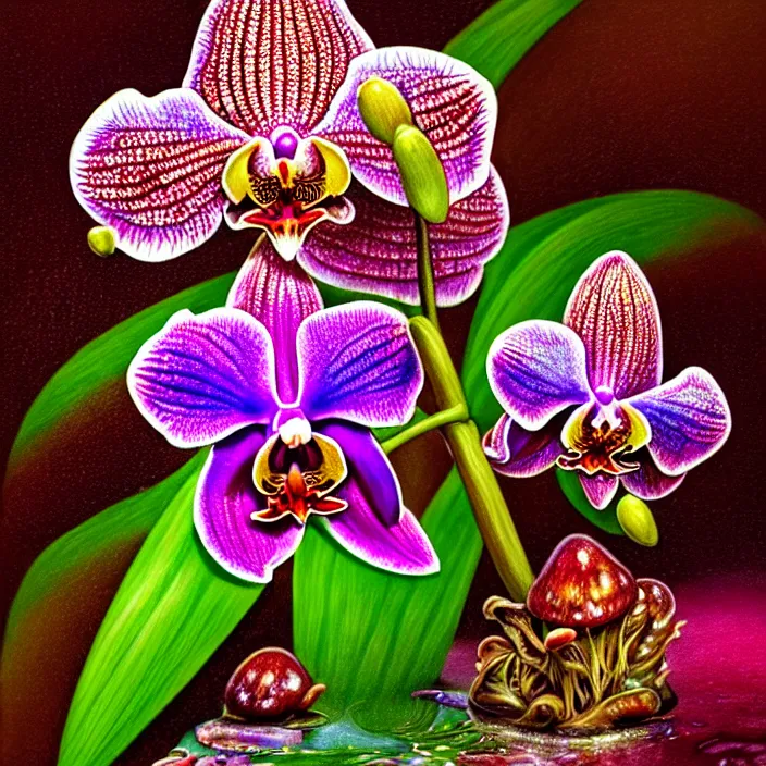 Image similar to extremely psychedelic macro orchid and cherry blossom and musroom, DoF, LSD, raindrops, specular highlights, diffuse lighting, fantasy, intricate, elegant, highly detailed, lifelike, photorealistic, digital painting, artstation, illustration, concept art, smooth, sharp focus, art by John Collier and Albert Aublet and Krenz Cushart and Artem Demura and Alphonse Mucha