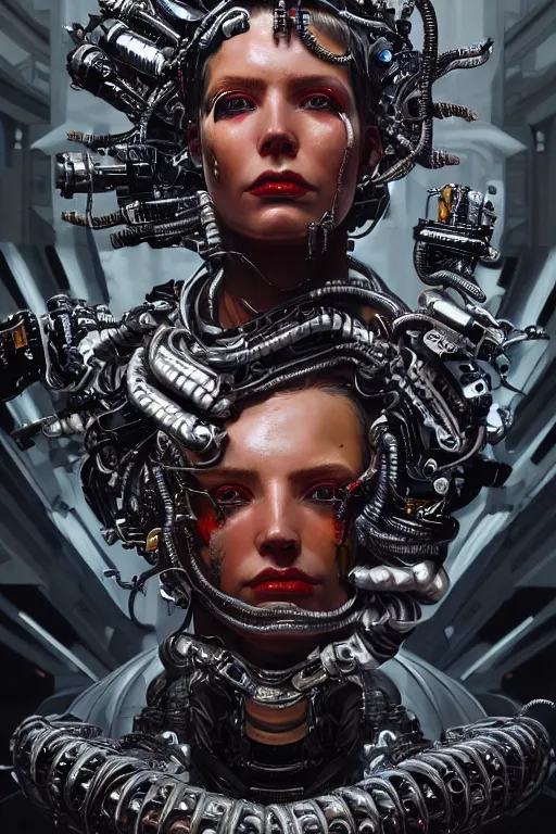 Prompt: eugene gottsnake : octane rander : vibrant portrait of beautiful black onyx cyborg woman by sandra chevrier laurie greasley gustave dore ron english, cybernetics, low contrast, cinematic dramatic lighting, hyper realistic detailed intricate render, hypermaximalist, ornate, epic composition, 4 k 8 k, cryengine octane, sharp focus, concept art, masterpiece