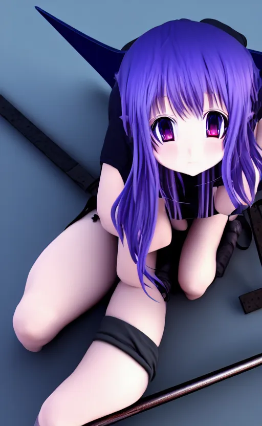 Image similar to A top down view of a cute young real life 3D anime girl with long blueish violet hair laying on her back, her hands are above her head, wearing a black reaper hood with shorts, a bloody scythe is laying next to her foot, in a dark field, top down angle, laying on her back, full body, dark and moody lighting, night time