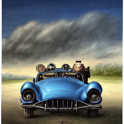 Prompt: a hyperrealistic painting of a steampunk sports car, blue skies, by john kenn mortensen, highly detailed,