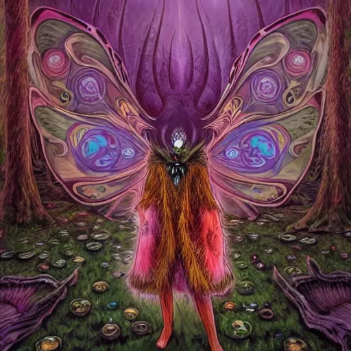 Image similar to 8K Portrait of centered chest up of a psychedelic godlike mothman shaman with moth face and giant mandala wings smoking a hand-rolled cigarette smoking heavily , magic mushroom village in background , post-processing , award winning. superb resolution. in the art style of junji Ito and greg rutkowski . Detailed Mushroom city in background. Hyper realistic anime. Perfect art. Dalle2