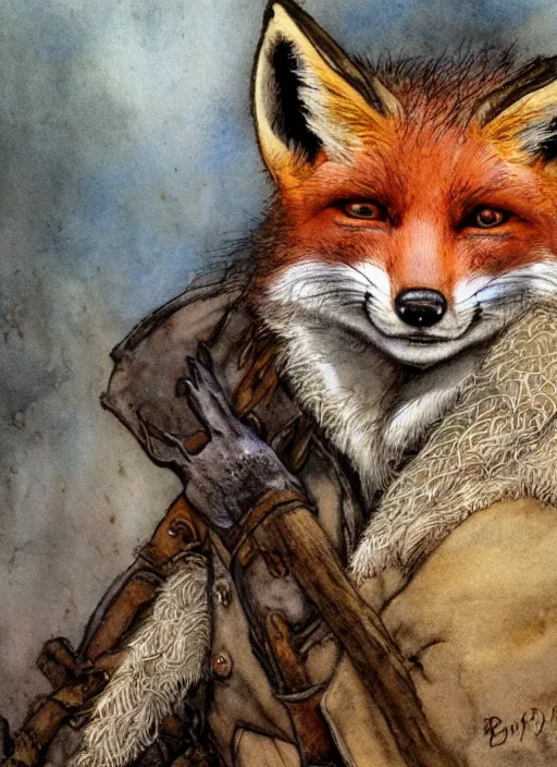Image similar to portrait of a fox - faced ranger, dnd, gwelf, highly detailed, perfect lighting, watercolor and ink illustration, muted colors. perfect composition, 4 k, by brian froud, larry macdougall, jean - baptiste monge,