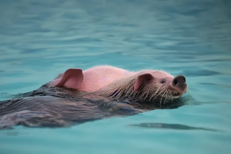 Image similar to a pig sea otter!!! hybrid! hyper realistic!! realistic lighting!! wildlife photographer of the year!!! bold natural colors, national geographic, hd, wide angle, 8 k