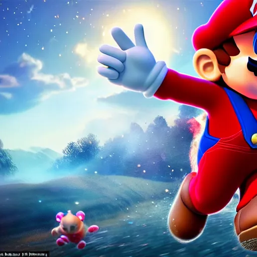 Image similar to Mario running away from his child, highly detailed, lifelike, photorealistic, sharp focus, intricate details, A24!film cinematography, unreal engine, cinematic, hyper realism, high detail, stars in sky, stars, moon,