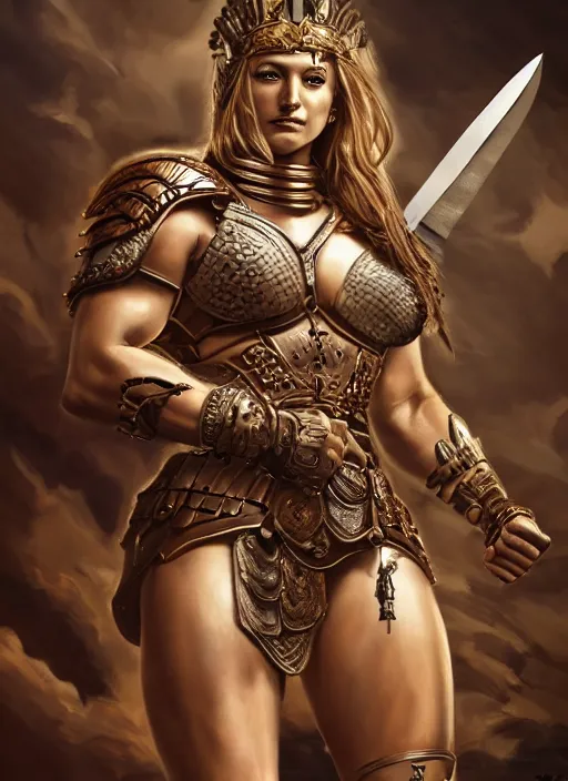 Image similar to portrait of a beautiful muscular maiden spartan with a sword and shield, wounds from battle, warhammer 40000, intricate, elegant, highly detailed, smooth, sharp focus, cinematic lighting, dramatic scene, illustration, art by stephen lau and artgerm in the style of Steven Kostic and greg rutkouwski,