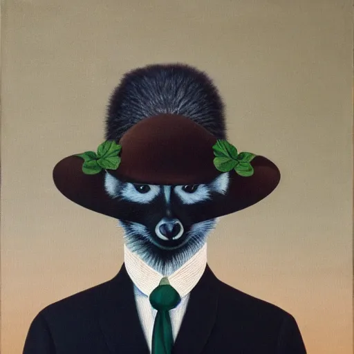 Prompt: a magritte painting masterpiece exposed in Paris : a racoon with a hat , This 4K HD image is Trending on Artstation, featured on Behance, well-rendered, extra crisp