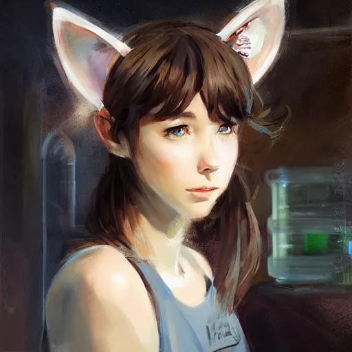 Prompt: girl with cat ears in a biology lab, by WLOP, by Artgerm, by Michael Garmash, by Rob Rey, digital art, trending on artstation, beautiful lightning, atmospheric, fantasy