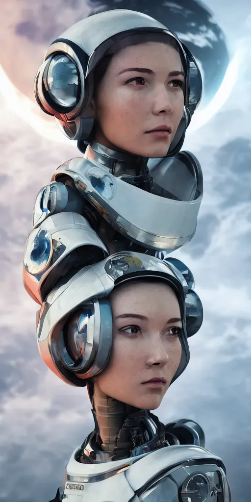 Image similar to portrait of a female mecha astronaut alone on a distant planet with spaceship destroyed, octane render, trending on artstation, hyperrealistic, character photography