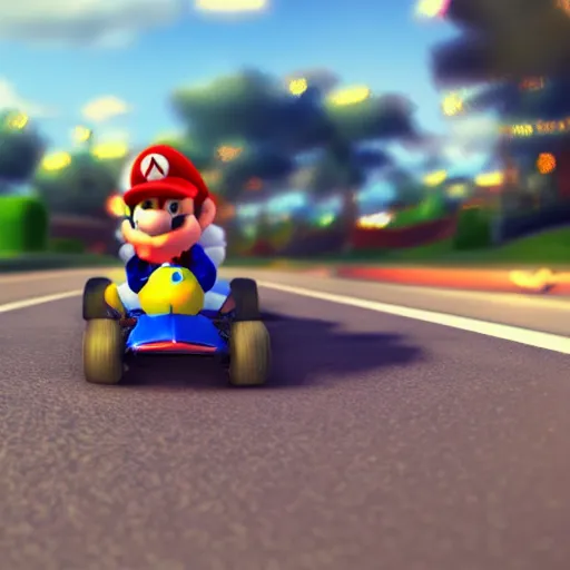 Prompt: cat driving mario kart on realistic road, motion blur, clear sky, golden hour, unobstructed road, artstation