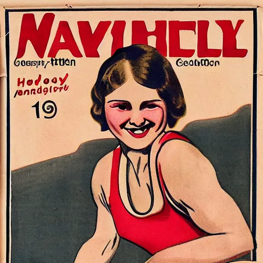 Image similar to a 1 9 2 8 cover of a german magazine. happy, healthy, beautiful, smiling, young, sporty, glowing woman in decent athletic wear. realistic detailed color drawing