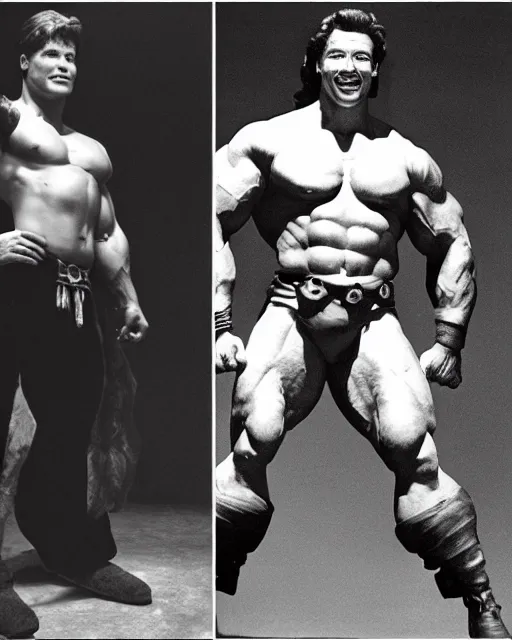 Image similar to young Steve Reeves dressed as Hercules and young Arnold Schwarzenegger dressed as Conan pose for Annie Leibovitz, Studio Lighting Hyperreal
