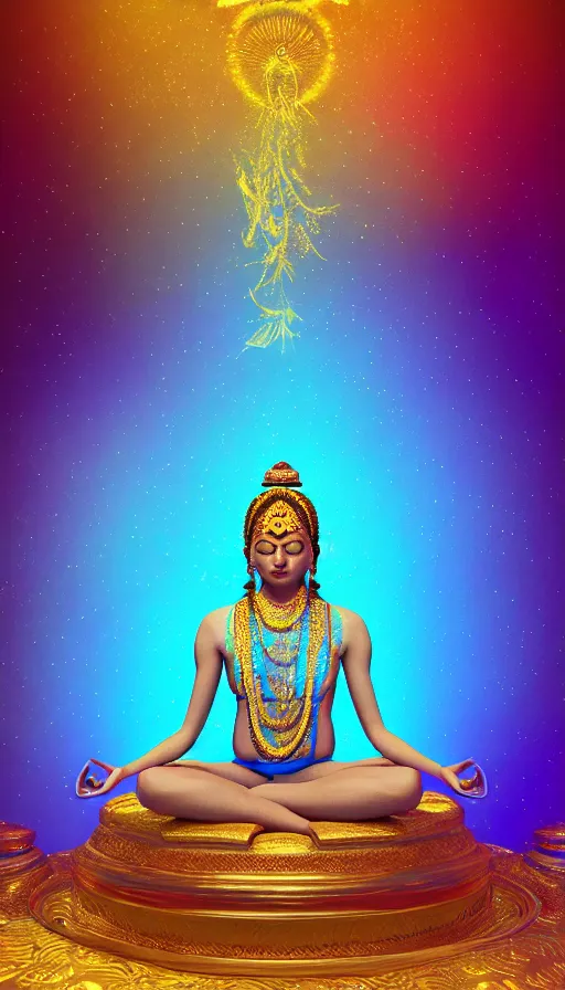 Image similar to indian master, meditation, gold light, blue mist, universe, floral dream, highly detailed, digital painting, refreshing, trending on artstation, octane render, hyper realistic,