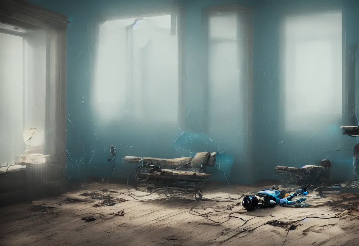 Image similar to intimate photograph of one single lone solitary cerulean and brown decaying futuristic robot lying on a frayed fainting couch in front of a beautiful fireplace with a cozy fire, in a dusty Victorian home, soft morning light seeping in a window, with cinematic lighting and lens flare, tall ceiling, octane render, cgsociety, by Simon Stalenhag and Rouhollah Toghyani and Sylvian Boussiron and Alfonso Cuaron, highly detailed closeup portrait, award-winning highly detailed 8k anamorphic closeup tight cinematic movie photograph