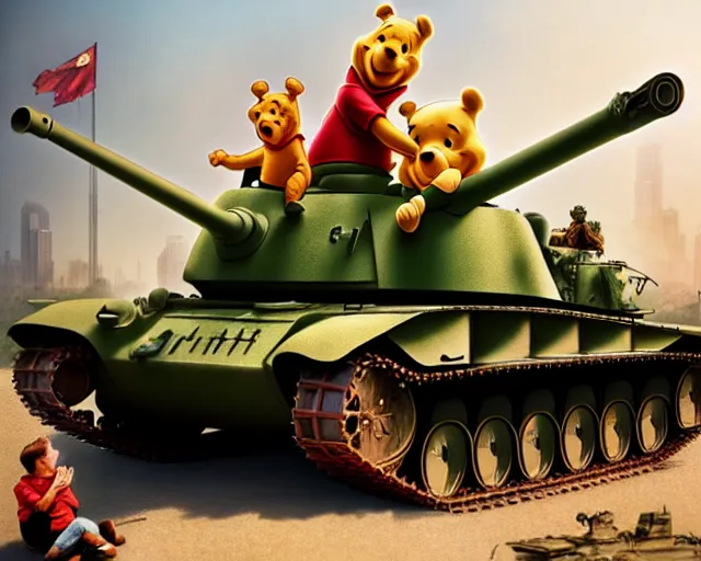 Image similar to winnie the pooh protesters sit down in front of tank at tiananman square, cute and cuddly, highly detailed, photorealistic, octane render, 8 k, unreal engine. art by artgerm and greg rutkowski and alphonse mucha